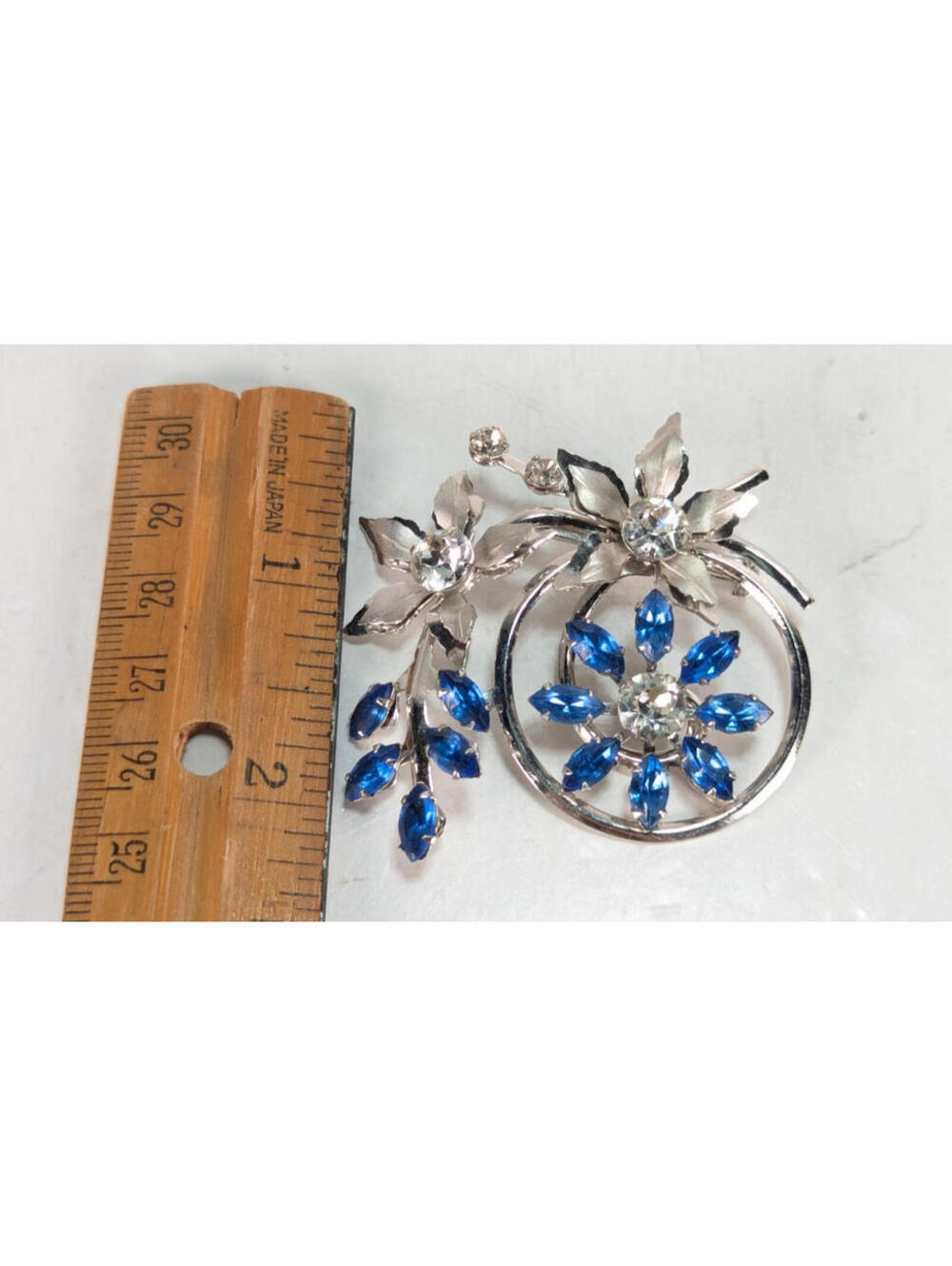 VTG Blue Sapphire & Clear Glass Rhinestone Brooch Pin 2" Retro Glam Flower Bling - Picture 8 of 9